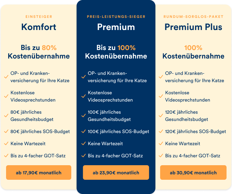 Die Tarifübersicht von petolo für Katzenkrankenversicherungen.