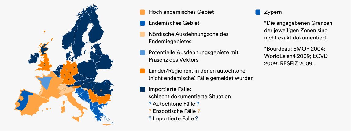 Eine Karte zeigt, in welchen Gebieten Leishmaniose verbreitet ist.