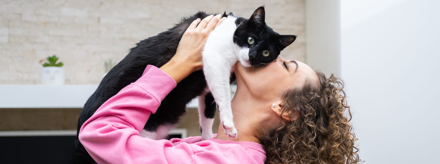 Ein Frauchen küsst ihre Katze.