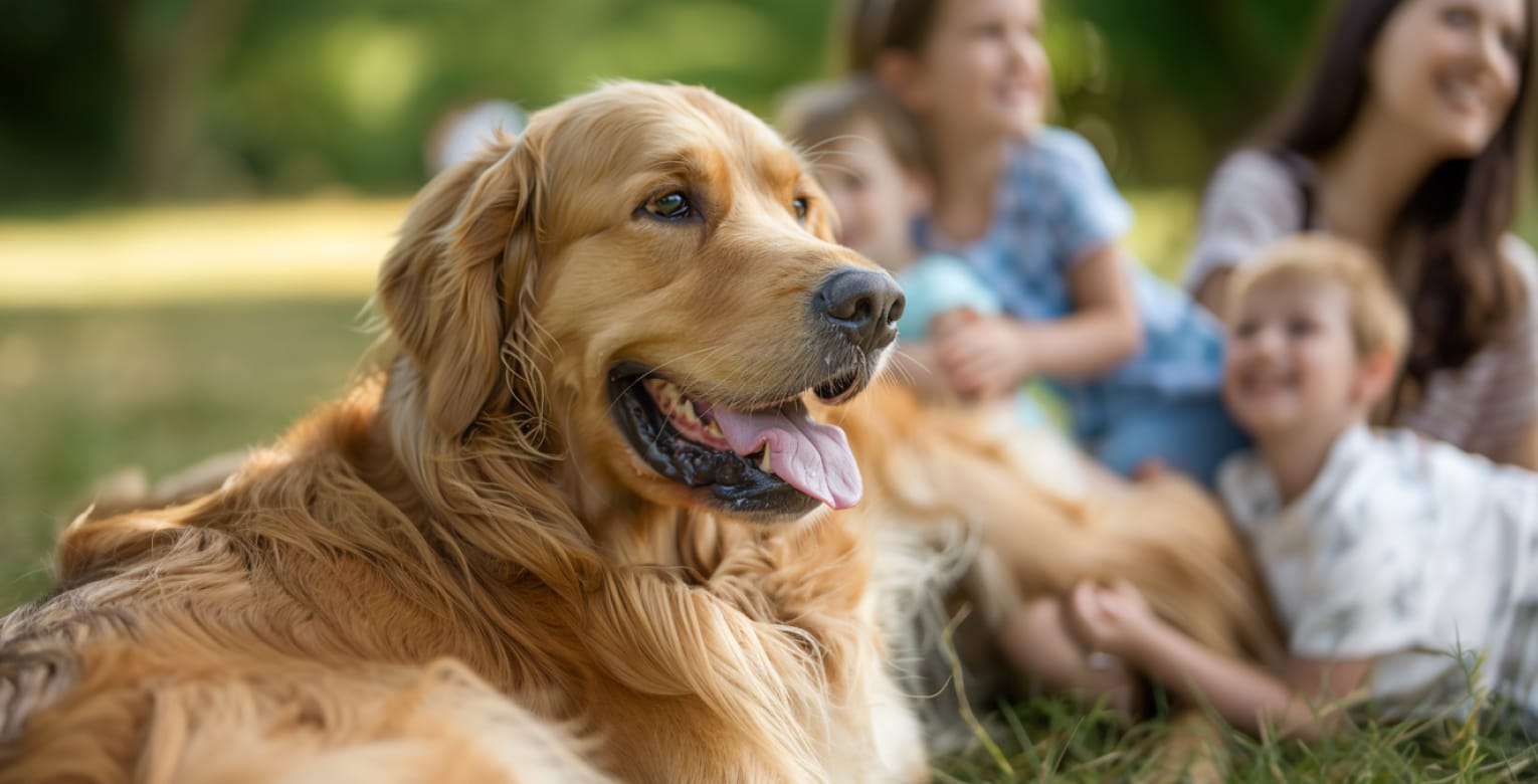 Eine Familie und ihr Hund im Park.