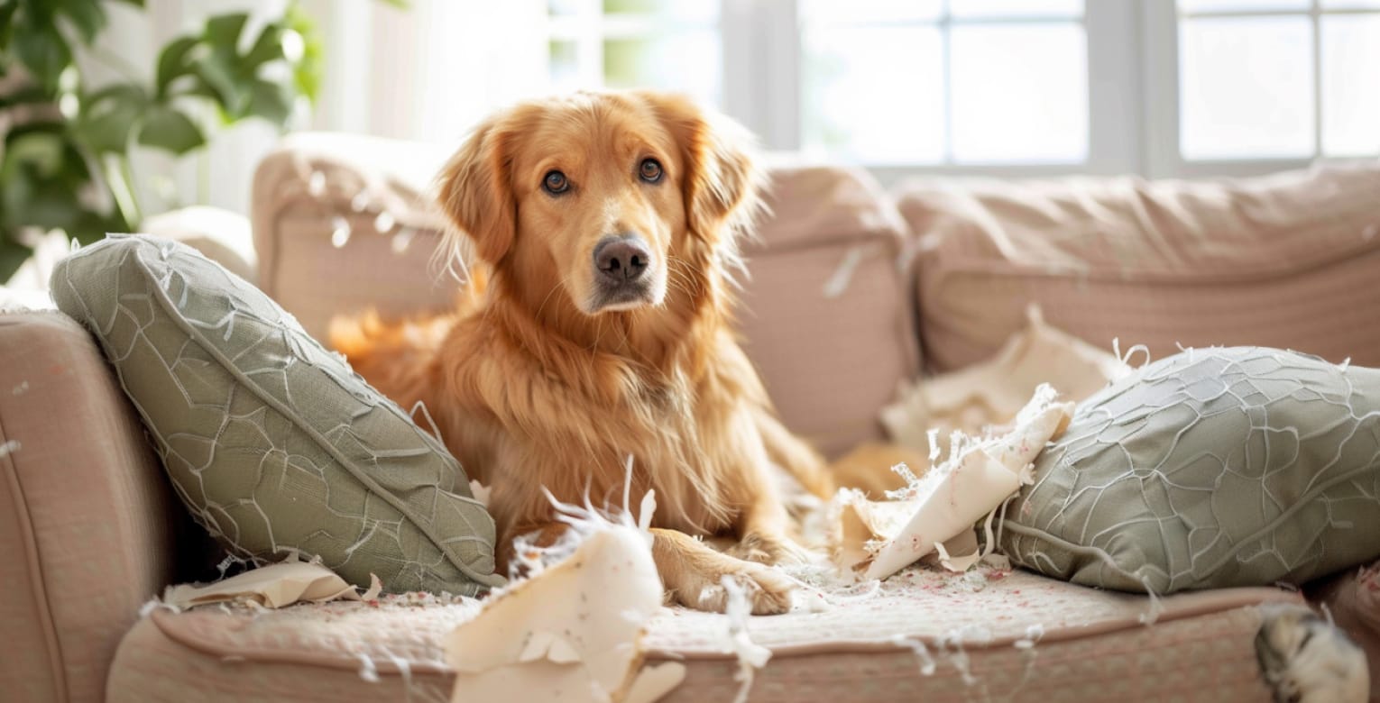 Ein Labrador liegt auf einem zerissenen Sofa.