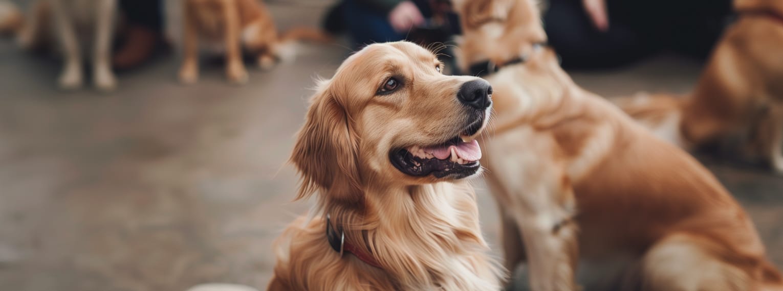 Ein Golden Retriever schaut zu seinem Herrchen auf.