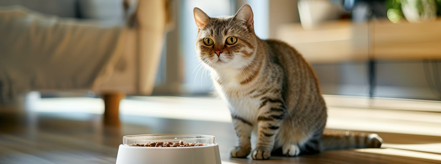 Eine Katze sitzt vor ihrem Fressnapf.