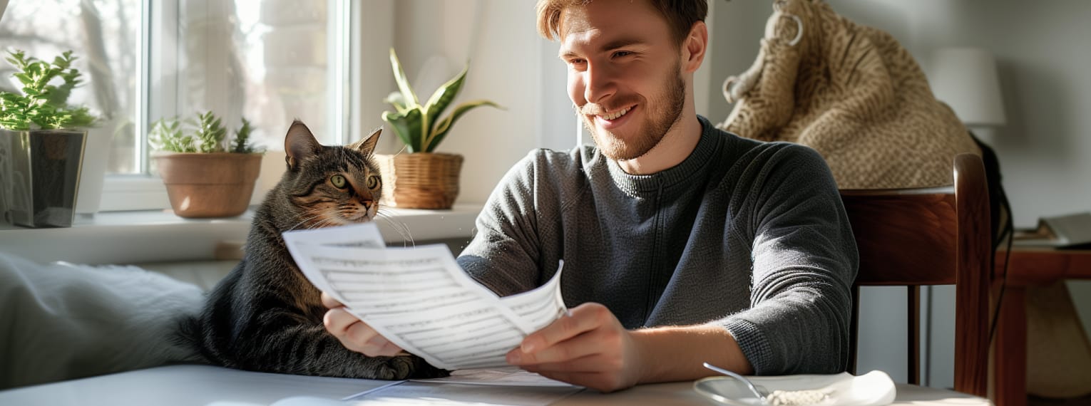 Ein Katzenbesitzer sichtet Behandlungsunterlagen vom Tierarzt.