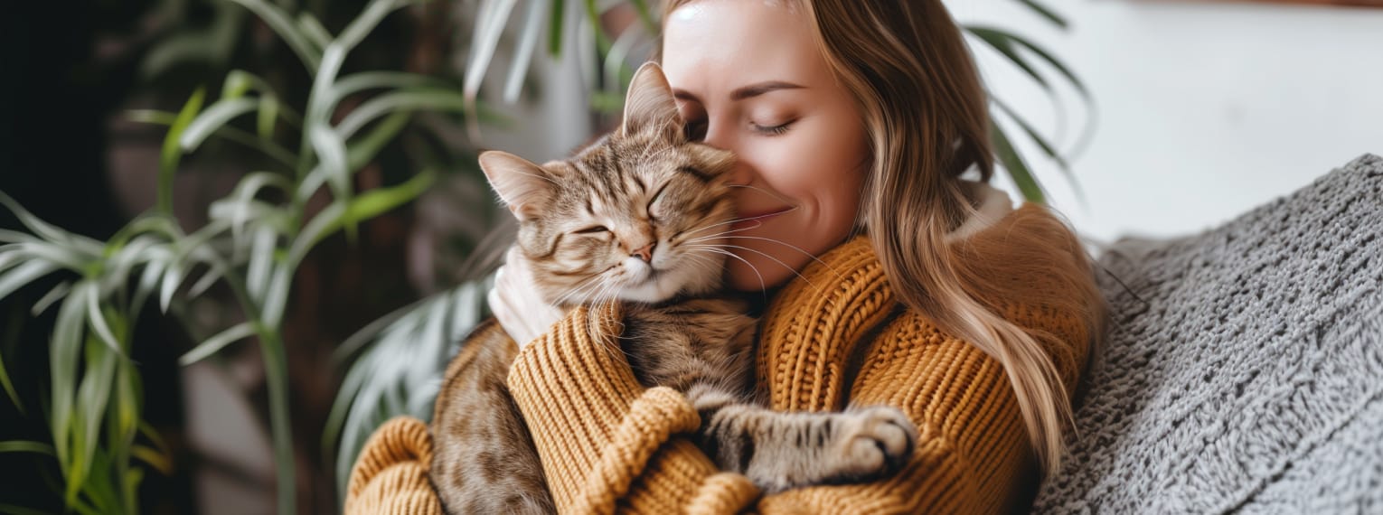 Eine Frau kuschelt mit Ihrer Katze.