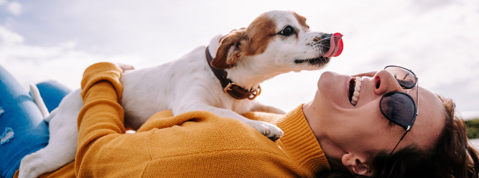 Ein glücklicher Welpe und seine Besitzerin.